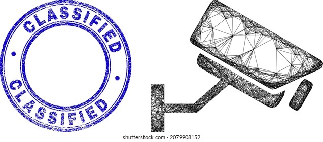 Carcass irregular mesh CCTV camera icon with Classified rubber round stamp seal. Abstract lines are combined into CCTV camera illustration. Blue stamp seal has Classified text inside circle form.