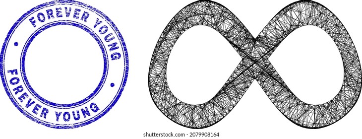 Carcass irregular mesh curve infinity icon with Forever Young rubber round stamp seal. Abstract lines are combined into curve infinity picture.