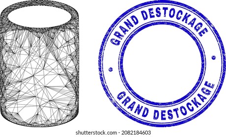 Carcass irregular mesh cylinder icon with Grand Destockage grunge round seal imitation. Abstract lines form cylinder picture. Blue seal includes Grand Destockage tag inside round form.