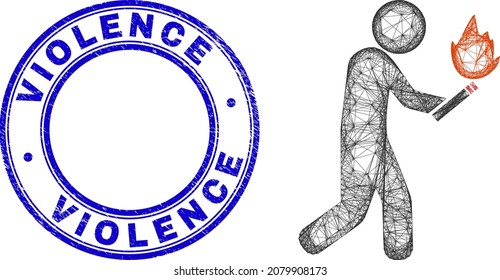 Icono de incensario de malla irregular Carcass, y Impresión de foca redonda texturada de Violencia. Líneas abstractas de la ilustración incendiaria. Sello de sello azul incluye texto de violencia dentro de forma redonda.