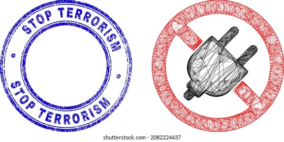 Carcass irregular mesh forbid electrical plugin icon, and Stop Terrorism corroded round seal. Abstract lines are combined into forbid electrical plugin object.