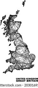 carcass irregular mesh Great Britain map. Abstract lines are combined into Great Britain map. Wire carcass 2D network in vector format.