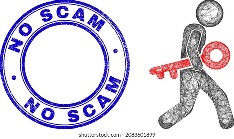 Carcass irregular mesh key burglar icon, and No Scam dirty round stamp. Abstract lines are combined into key burglar illustration. Blue stamp seal has No Scam text inside round form.
