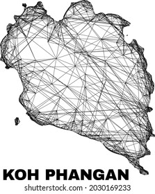 carcass irregular mesh Koh Phangan map. Abstract lines are combined into Koh Phangan map. Linear carcass 2D network in vector format.