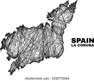 carcass irregular mesh La Coruna Province map. Abstract lines are combined into La Coruna Province map. Wire carcass 2D net in vector format.