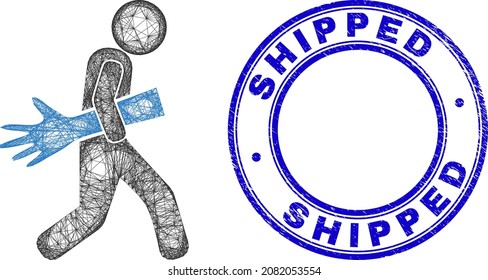 Carcass irregular mesh maneken hand courier icon, and Shipped corroded round stamp seal. Abstract lines form maneken hand courier picture. Blue stamp includes Shipped tag inside round form.