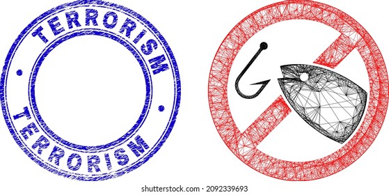 Carcass irregular mesh no fishing icon, and Terrorism rubber round stamp. Abstract lines form no fishing illustration. Blue seal has Terrorism tag inside round form.