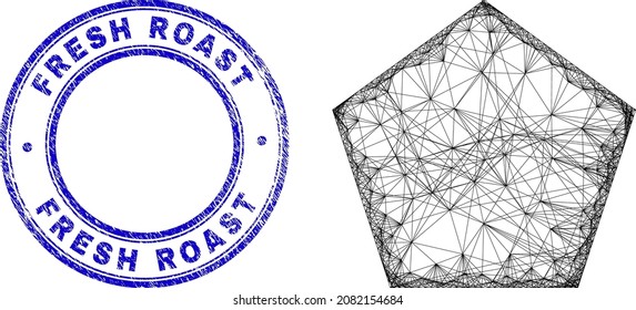 Icono irregular del pentágono de malla de la canal con sello redondo impuro de café asado fresco. Líneas abstractas del objeto pentágono. El sello azul contiene una etiqueta de café asado fresco en forma redonda.