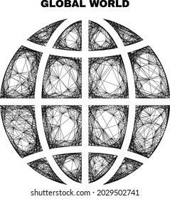 carcass irregular mesh planet globe. Abstract lines are combined into planet globe. Linear frame flat net in vector format. Vector carcass is created for planet globe using intersected random lines.