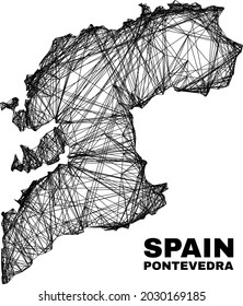 carcass irregular mesh Pontevedra Province map. Abstract lines are combined into Pontevedra Province map. Linear carcass 2D net in vector format.