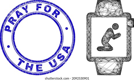 Carcass irregular mesh pray gadget watches icon with Pray For The USA grunge round stamp seal. Abstract lines are combined into pray gadget watches illustration.