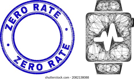 Icono de relojes de pulso de malla irregular de la canal con sello redondo de velocidad cero. Las líneas abstractas se combinan en objetos de relojes de pulso. El sello azul contiene el título de velocidad cero dentro de la forma redonda.