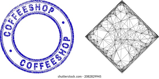 Carcass irregular mesh rhombus icon, and Coffeeshop dirty round seal. Abstract lines form rhombus object. Blue seal contains Coffeeshop text inside round form.