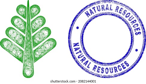 Carcass irregular mesh tree plant icon with Natural Resources unclean round seal imitation. Abstract lines form tree plant object. Blue stamp seal has Natural Resources caption inside round form.