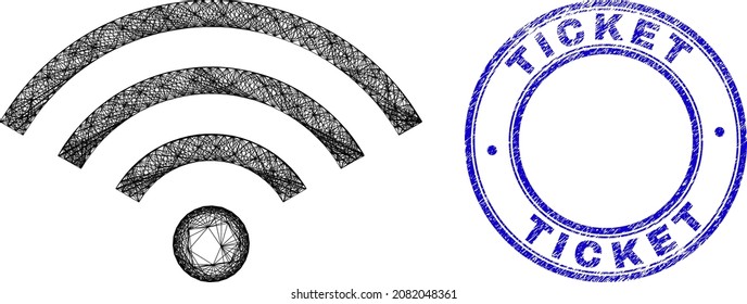 Icono de acceso Wi-Fi en malla irregular de la carcasa con sello de timbre redondo sucio Ticket. Líneas abstractas del objeto de acceso Wi-Fi. El sello azul contiene la etiqueta Ticket en forma redonda.