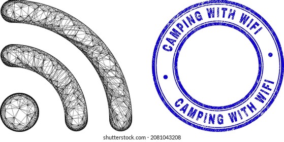 Carcass irregular mesh Wi-Fi internet icon with Camping with WiFi scratched round stamp seal. Abstract lines are combined into Wi-Fi internet object.