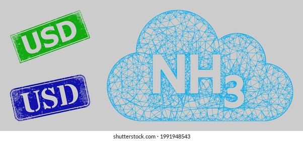 Carcass net ammoniac gas model, and USD blue and green rectangular grunge badges. Carcass net illustration is based on ammoniac gas icon. Seals have USD tag inside rectangle shape.