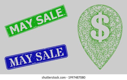 Carcass net bank map marker model, and May Sale blue and green rectangle dirty seal imitations. Carcass net mesh symbol created from bank map marker pictogram.
