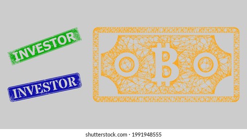 Carcass net bitcoin bill model, and Investor blue and green rectangle rubber seals. Carcass net illustration based on bitcoin bill icon. Stamps contain Investor text inside rectangle shape.