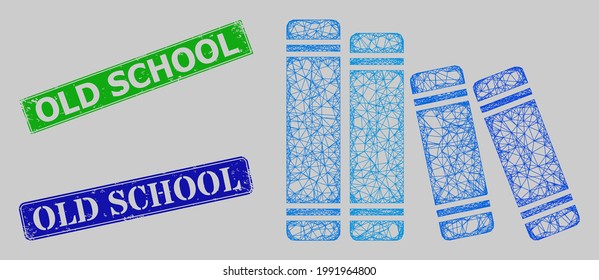 Modelo de libros de redes de canales, y estampillas rectangulares de la vieja escuela azul y verde corroídas. El símbolo de red de marco se basa en el icono de libros. Los sellos incluyen la etiqueta Old School dentro de un marco rectangular.