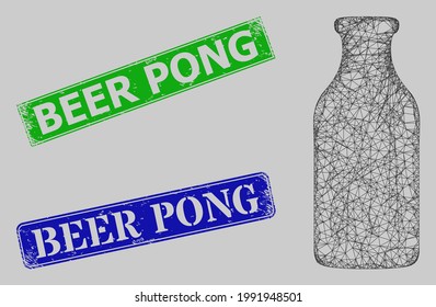 Carcass net bottle model, and Beer Pong blue and green rectangle rubber stamp seals. Carcass net mesh symbol is based on bottle icon. Seals include Beer Pong tag inside rectangle form.