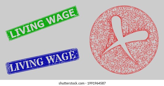 Carcass net cancel model, and Living Wage blue and green rectangle dirty stamps. Frame net mesh symbol created from cancel pictogram. Stamps contain Living Wage caption inside rectangle form.