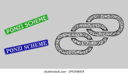Carcass net chain links model, and Ponzi Scheme blue and green rectangle rubber seals. Frame net mesh illustration designed with chain links pictogram.