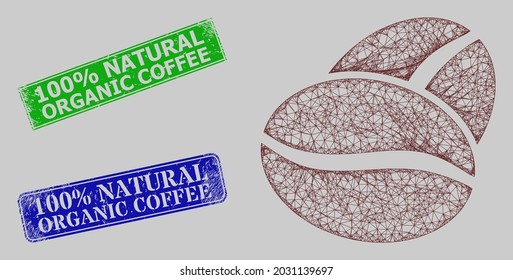 Modelo de frijol de café neto de canal, y 100 por ciento de sellos sucios de sellos de sello verde y azul de café orgánico natural. Imagen de red de marco creada a partir del icono del grano de café.