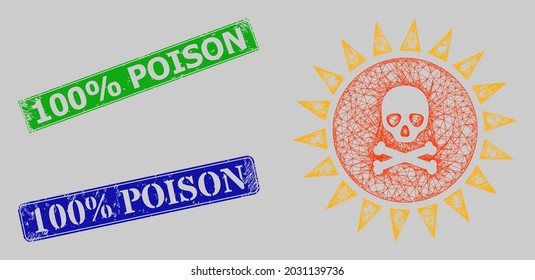 Carcass net death sun radiation model, and 100 percents Poison blue and green rectangular rubber seals. Carcass net mesh illustration is designed with death sun radiation pictogram.