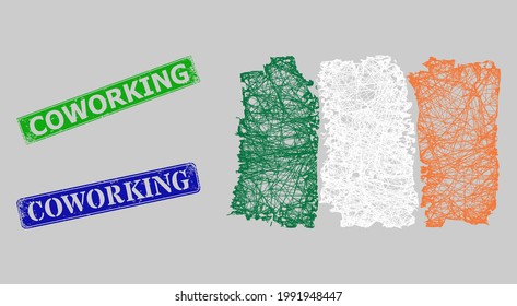 Carcass net Irland flag model, and Coworking blue and green rectangular corroded seals. Carcass network illustration created from Irland flag icon.