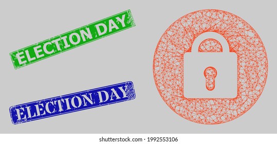 Carcass net locked model, and Election Day blue and green rectangular rubber seal prints. Carcass net symbol designed with locked pictogram. Seals have Election Day title inside rectangular frame.