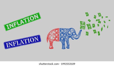 Carcass net mesh american stimulus money inflation model, and Inflation blue and green rectangular scratched seals. Carcass net mesh symbol created from american stimulus money inflation pictogram.