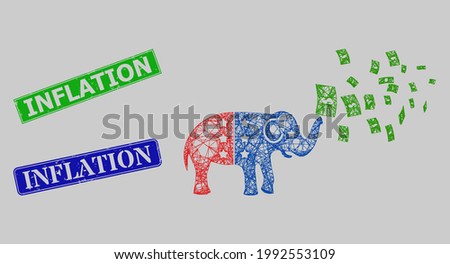 Carcass net mesh american stimulus money inflation model, and Inflation blue and green rectangular scratched seals. Carcass net mesh symbol created from american stimulus money inflation pictogram.