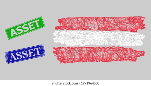 Carcass net mesh Austria flag model, and Asset blue and green rectangle corroded stamp seals. Frame net symbol is based on Austria flag icon. Stamp seals include Asset caption inside rectangle frame.