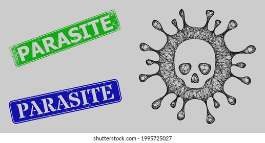 Modelo de virus de la muerte de malla neta de la canal y imitaciones de focas rectangulares de color azul y verde parásito corroídas. La imagen de la red de canales se crea a partir del icono del virus de la muerte.