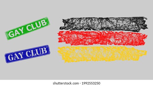 Carcass net mesh Germany flag model, and Gay Club blue and green rectangular rubber seal prints. Carcass net symbol is created from Germany flag pictogram.