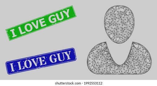 Carcass net mesh guy model, and I Love Guy blue and green rectangular grunge seal prints. Carcass net illustration based on guy pictogram. Stamp seals have I Love Guy text inside rectangular frame.