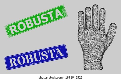 Carcass net mesh human hand model, and Robusta blue and green rectangular rubber seals. Frame net mesh illustration designed with human hand pictogram.