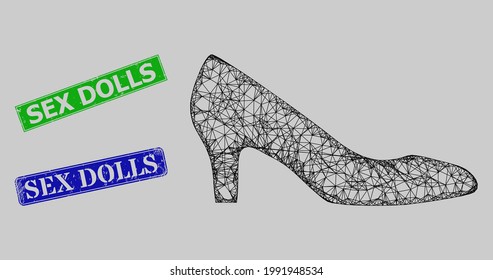 Carcass net Mesh Dame Schuhmodell, und Sex Puppen blauen und grünen rechteckigen Stempel korrodiert. Carcass-Netzsymbol erstellt aus Damenschuh-Piktogramm. Stempelrobben haben Sex Dolls Tag in rechteckiger Form.