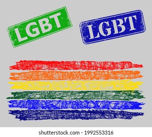Carcass net mesh LGBT flag model, and LGBT blue and green rectangular textured seal prints. Carcass net mesh image based on LGBT flag icon. Stamp seals have LGBT text inside rectangular form.