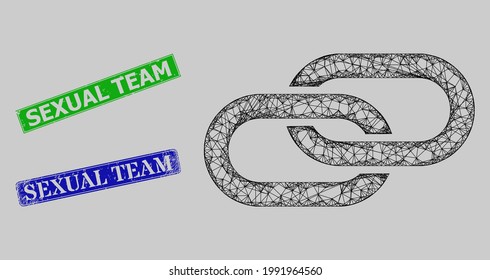 Carcass net mesh linkage model, and Sexual Team blue and green rectangular corroded seals. Carcass net symbol is designed with linkage icon. Stamp seals have Sexual Team tag inside rectangular shape.