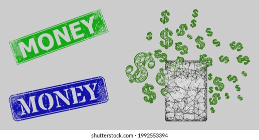Carcass net mesh money calculator model, and Money blue and green rectangular scratched seals. Carcass network symbol based on money calculator icon. Seals include Money tag inside rectangular form.