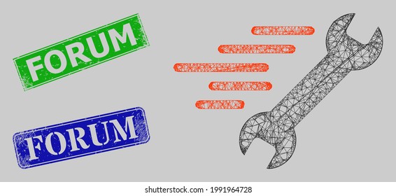Carcass net mesh quick repair model, and Forum blue and green rectangle textured stamp seals. Carcass net mesh illustration designed with quick repair icon.