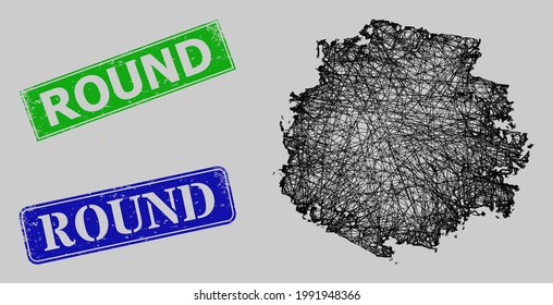 Modelo de textura de carbón vegetal redondo de malla neta de la canal y estampillas sucias rectangulares redondeadas de color azul y verde. Imagen de red de marco diseñada con pictograma de textura de carbón redondo.