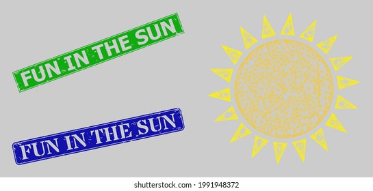 Carcass net mesh sun model, and Fun in the Sun blue and green rectangular scratched seals. Carcass net mesh image is designed with sun icon.