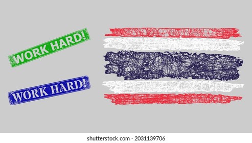 Carcass net mesh Thailand flag model, and Work Hard Exclamation. blue and green rectangle textured badges. Carcass net mesh illustration is designed with Thailand flag icon.