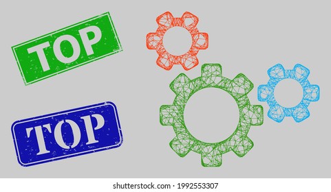 Top-Zahnradmodell aus Carcassnetz und Top-blaue und grüne Rechteck-Gummidichtungen. Die Maschen-Maschen-Illustration des Carcass wird aus dem oberen Zahnradsymbol erstellt. Die Briefmarken beinhalten das oberste Tag in der Rechteckform.