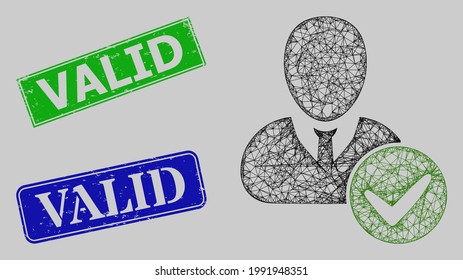 Carcass net mesh valid user model, and Valid blue and green rectangular grunge seal prints. Carcass net mesh symbol based on valid user pictogram.