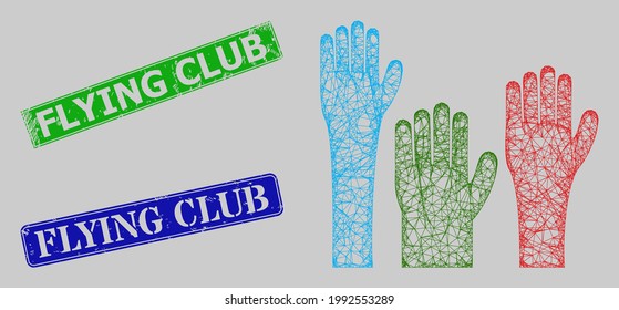 Carcass net mesh voting hands model, and Flying Club blue and green rectangle grunge stamps. Carcass net mesh symbol is designed with voting hands pictogram.