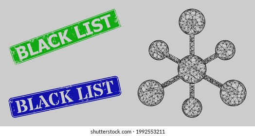 Carcass net mesh web connections model, and Black List blue and green rectangle unclean stamps. Carcass net symbol is created from web connections icon.